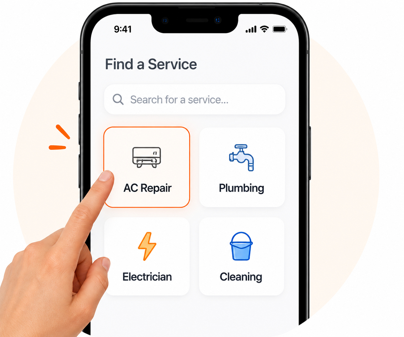 A hand selecting AC Repair in the Samonest service app