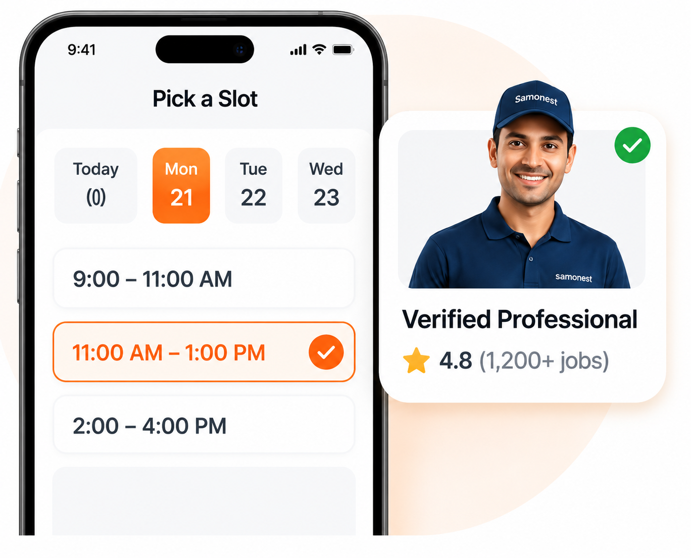 A booking slot and verified professional shown in the Samonest app